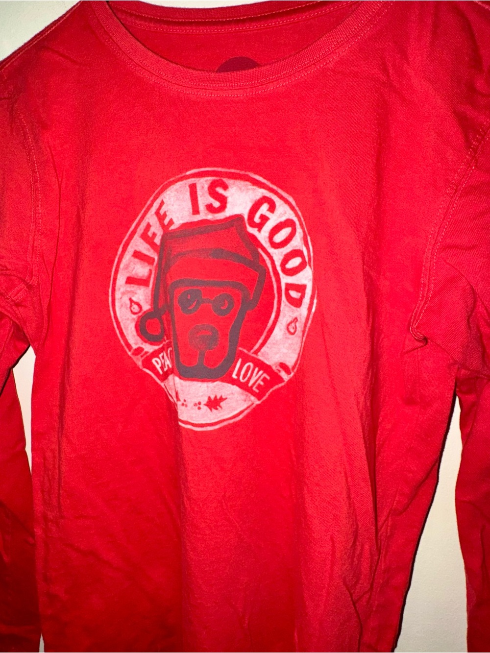 Life Is Good Long Sleeve Tee with Festive Dog "Peace Love"